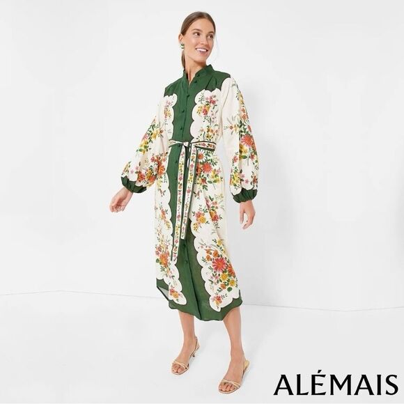 ALÉMAIS *NWT* Elisabetta Belted Forest Green/Cream Floral Linen Midi Shirt Dress - Picture 3 of 15